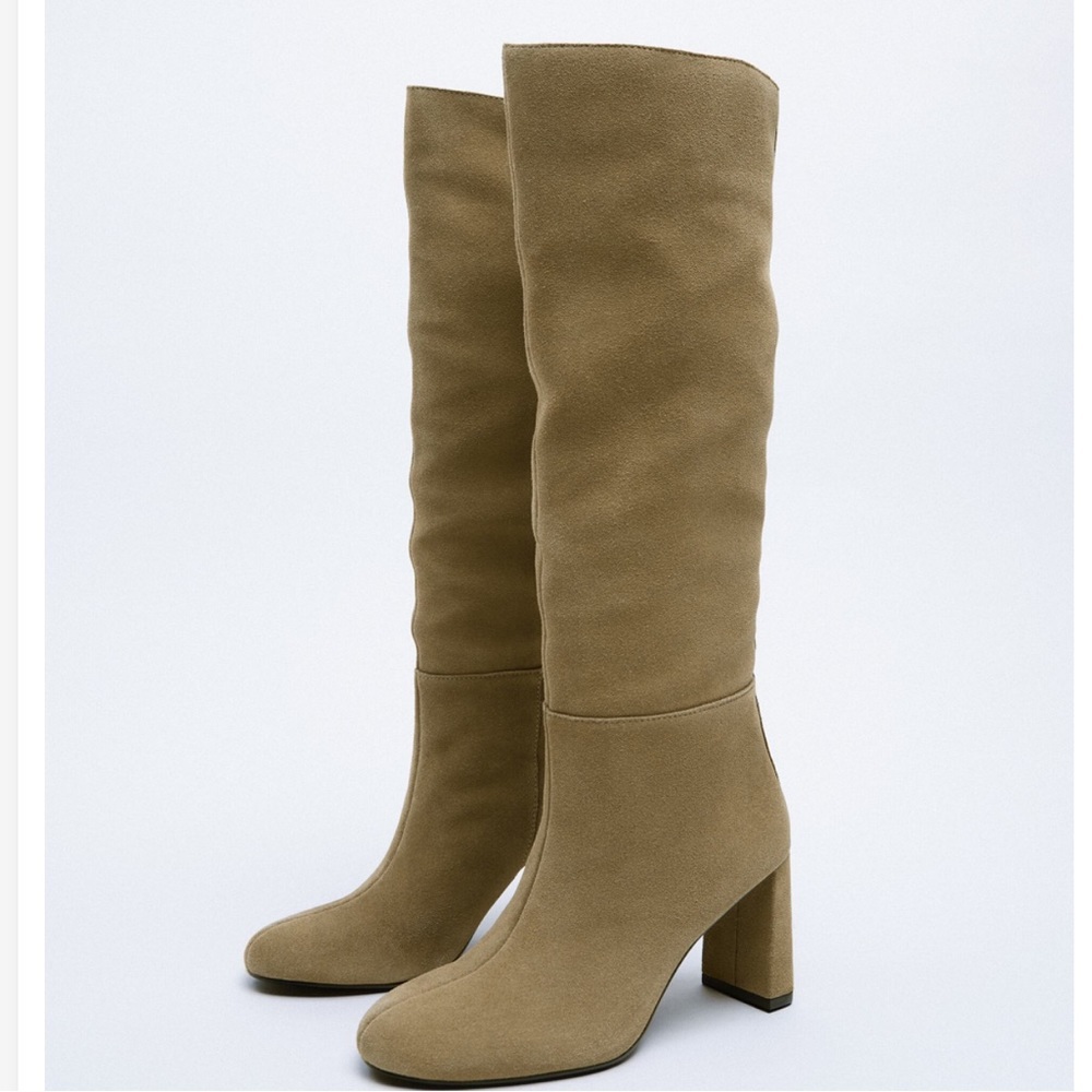 Zara Tan Suede Leather Knee High Block Heel Boots NWT 36